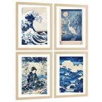 POSTER 4er Bilder-Set Wandbilder Japanisch modern Wohnzimmer Deko, Schlafzimmer, Küche, Badezimmer Leichter Holzrahmen A3 - Beige, Papier (29.7/1/42cm) - Nacnic