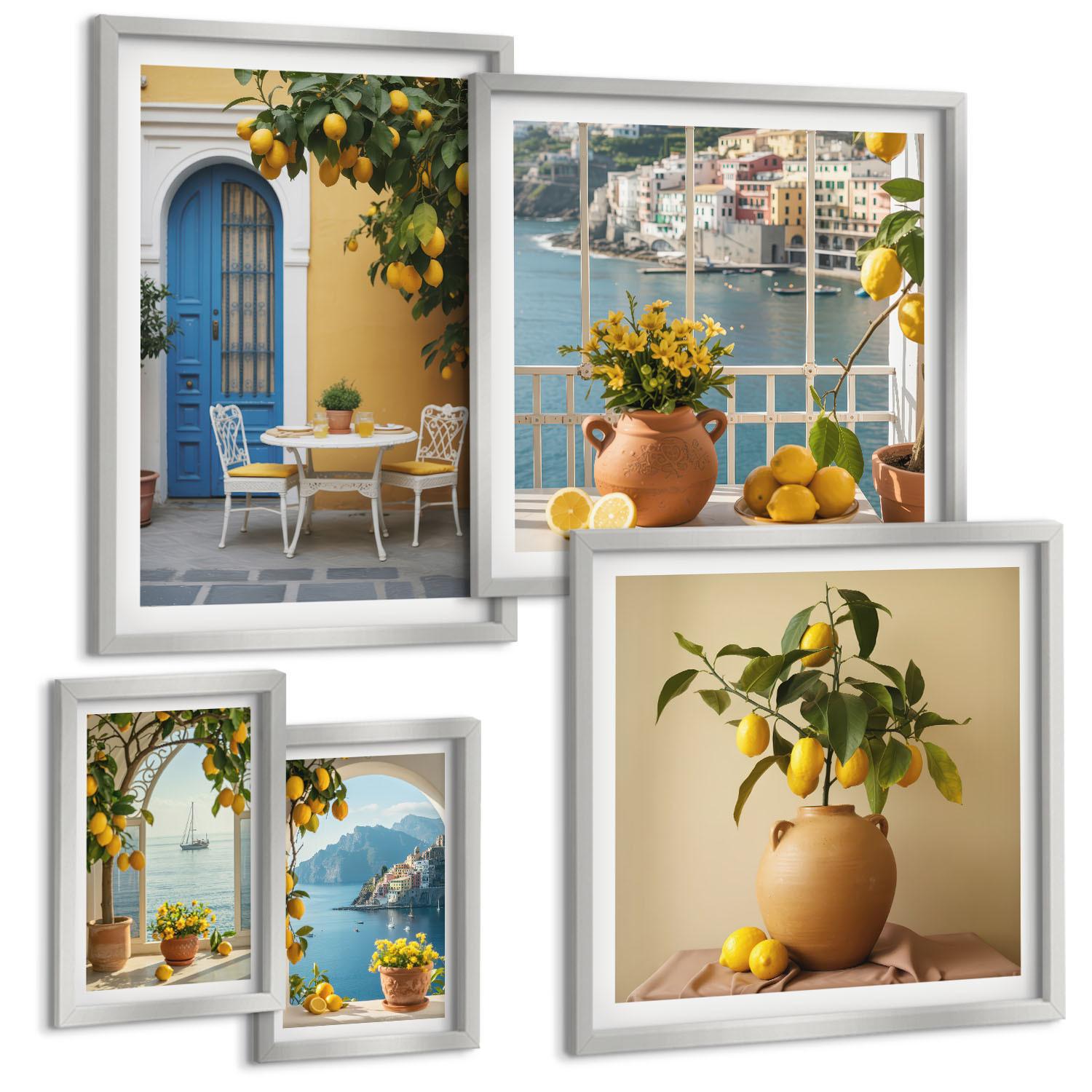 BILDER SET 5er Set - 50x50 cm & 20x30 cm & 40x60 cm Silberner Rahmen - Meereslandschaften, Zitronen, Fenster - Silberfarben, Kunststoff (40/60cm) - TULUP