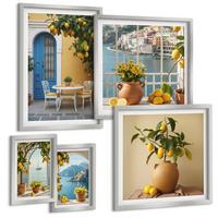 BILDER SET 5er Set - 50x50 cm & 20x30 cm & 40x60 cm Silberner Rahmen - Meereslandschaften, Zitronen, Fenster - Silberfarben, Kunststoff (40/60cm) - TULUP