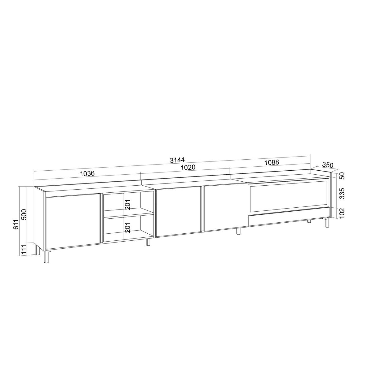 LOWBOARD, Eiche und Schwarz, 315/35/61cm, Kamin mit Feuereffekt XXL - Eichefarben, Holzwerkstoff (315/61/35cm) - Skraut Home