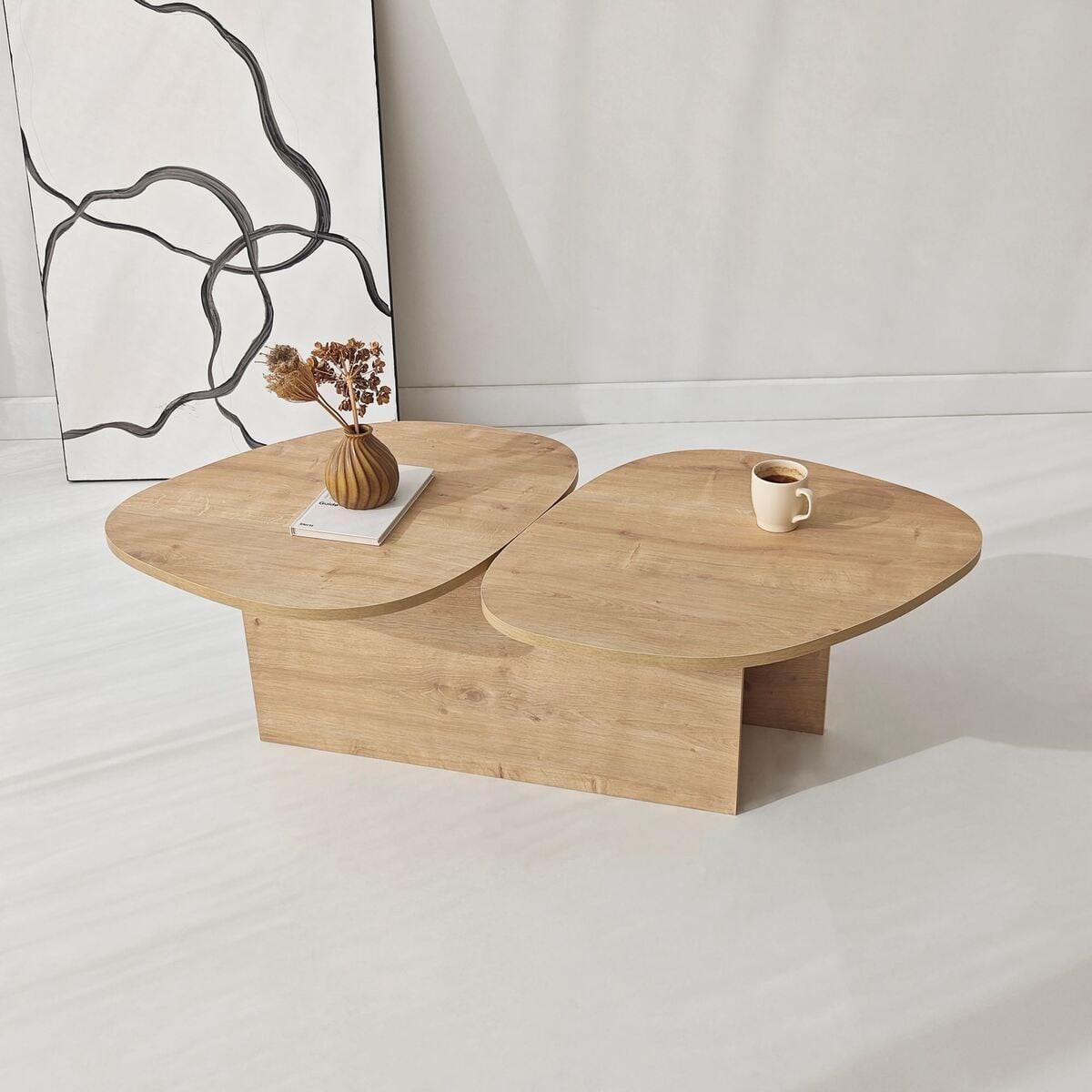 COUCHTISCH mit doppelter Platte in organischer Form 125/60/38 cm - Eichefarben, Holzwerkstoff (10/60/38cm) - Calicosy