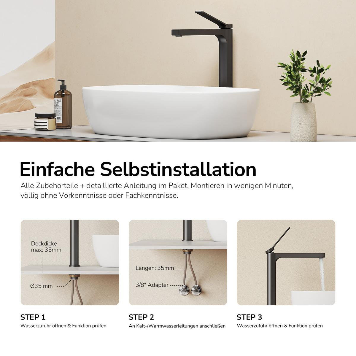 WASCHTISCHARMATUR mit Zertifiziertem Filterelement Schwarz Matt 33,5/23,3/4,6 cm - Schwarz, Metall (23.3/4.6/33.5cm) - EMKE