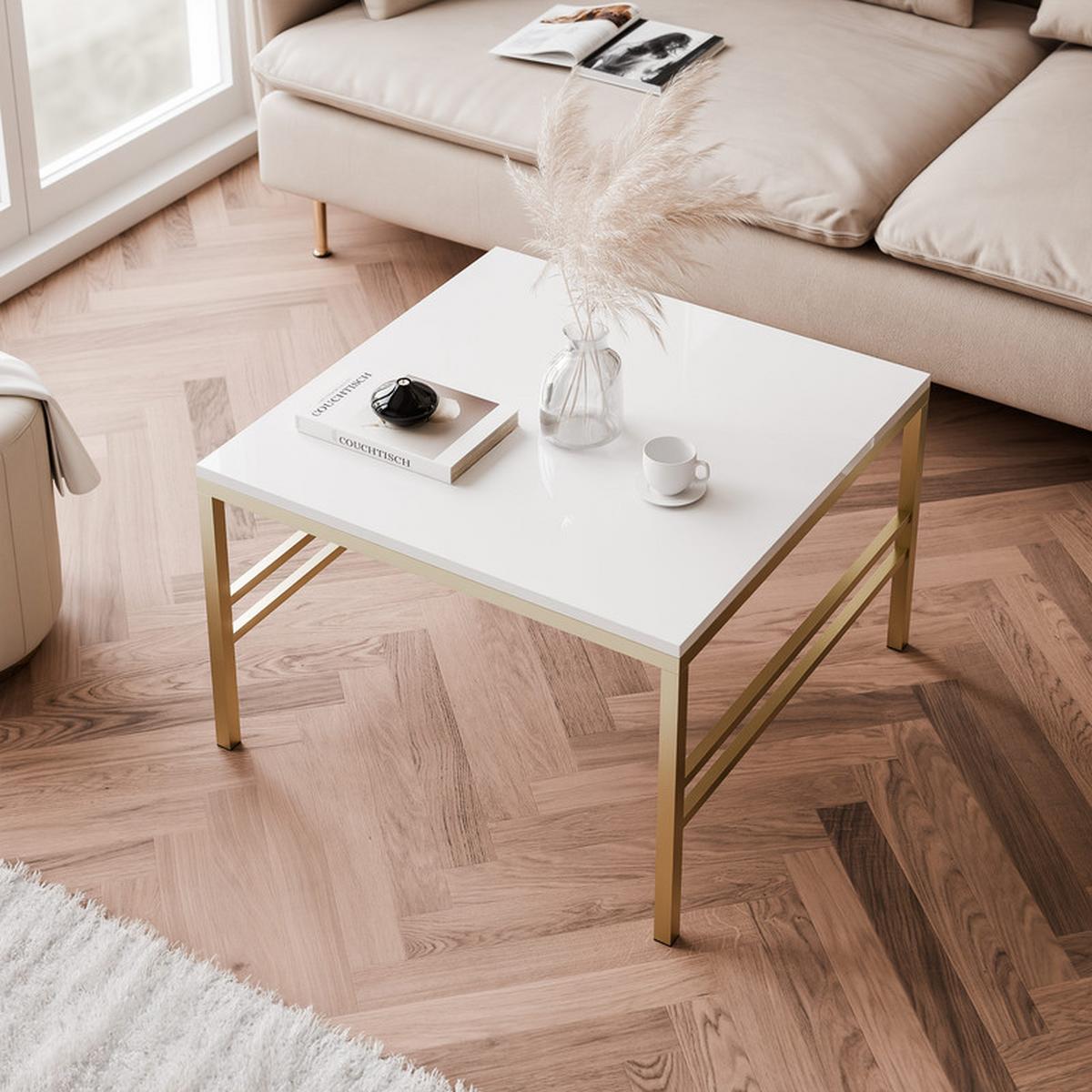 COUCHTISCH FORMA 60/60 cm Quadrat, Gold / Weiß Hochglanz - Weiß Hochglanz/Goldfarben, Metall (60/60/40cm) - Idohome