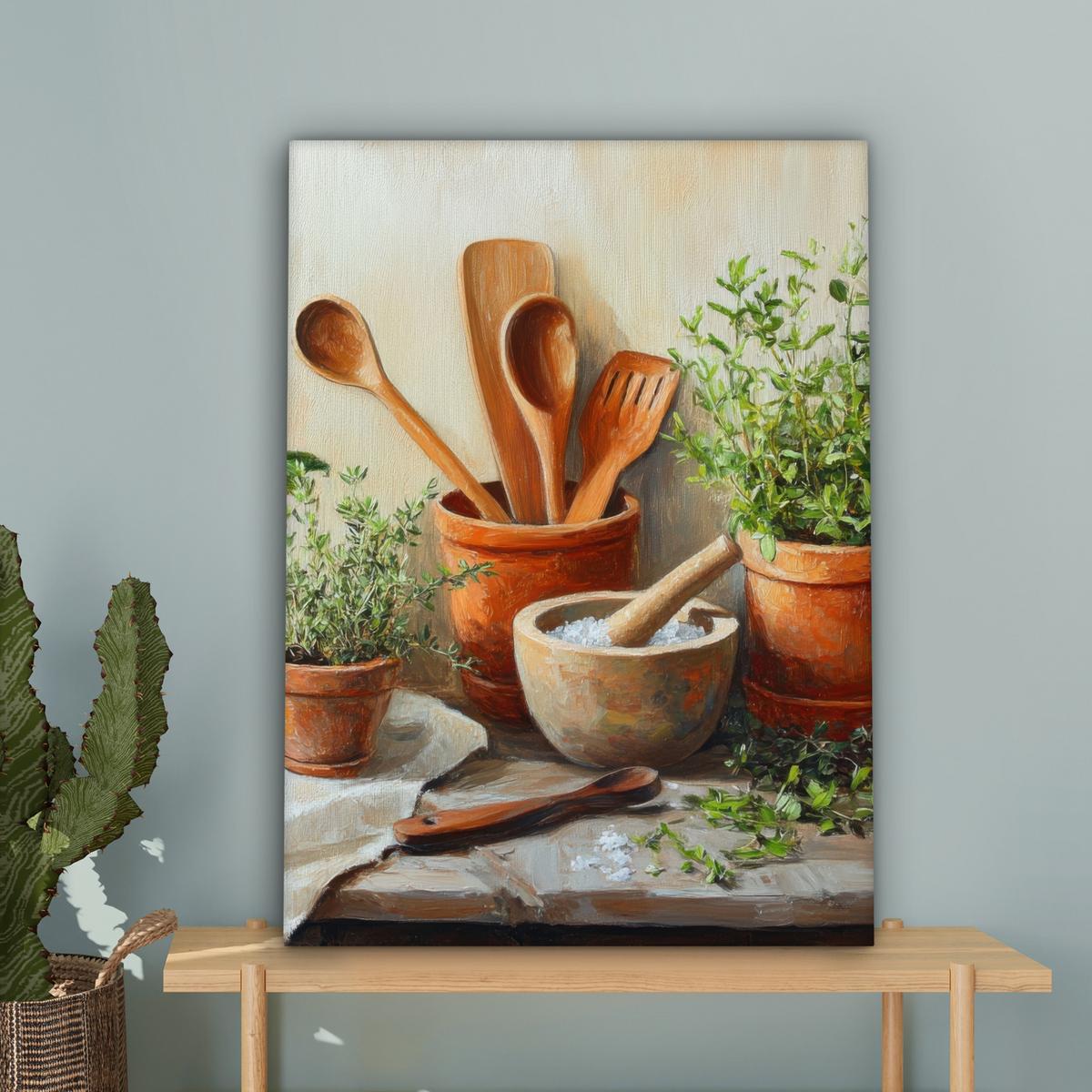 LEINWANDBILD Töpfe - Kräuter - Holz Wandbild Wohnzimmer 60x80 cm - Terracotta, Textil (60/80cm) - MuchoWow