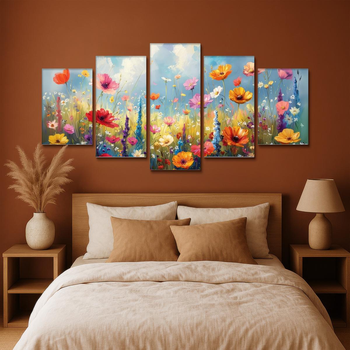 LEINWANDBILD 5er Set Blumen - Frühling - Farbenfroh - Sommerlich 200x100 cm - Orange, Textil (200/100cm) - MuchoWow