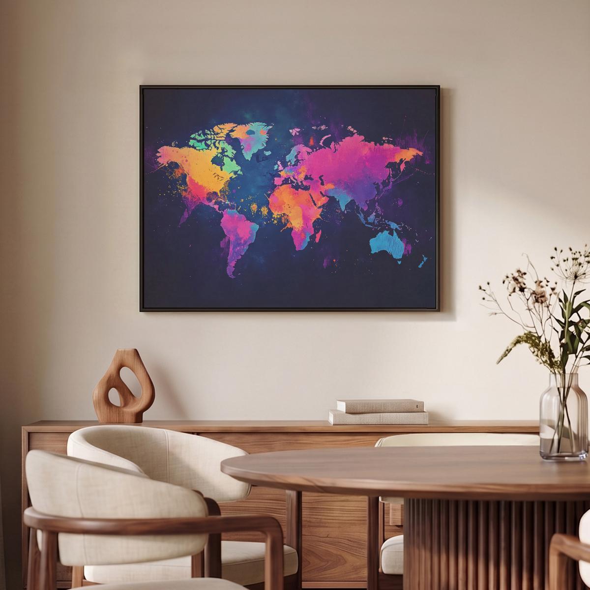 LEINWAND Bilder mit Rahmen - Weltkarte - Bunt - Graffiti - 80x60 - Multicolor, Textil (80/60cm) - MuchoWow