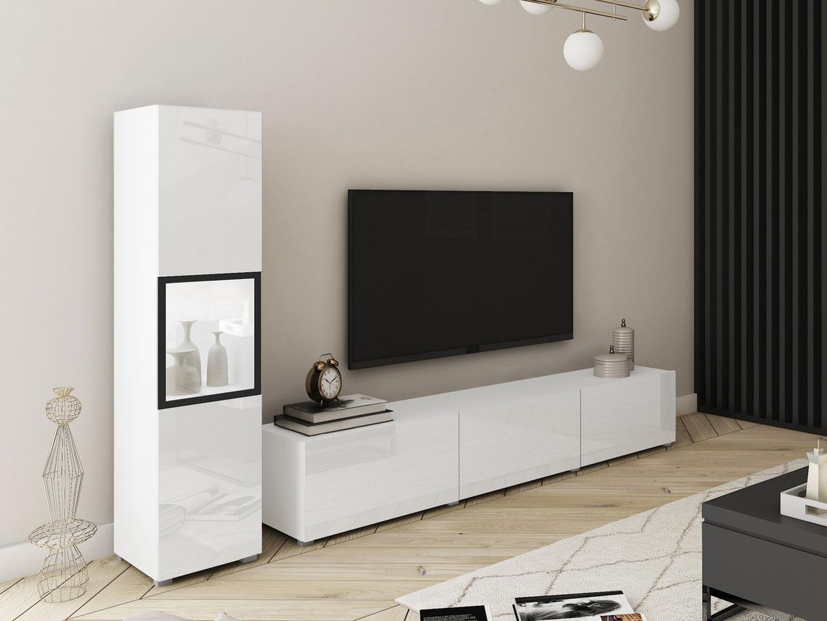 WOHNWAND Berlin I mit weißer LED Beleuchtung - Weiß Hochglanz/Alufarben, Holzwerkstoff/Kunststoff (180/30/33cm) - MIRJAN24