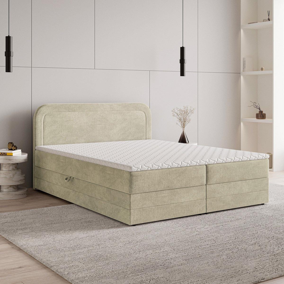BOXBETT ARMEL 180x200 cm mit Matratze und Topper - Creme - Creme, Holz (180/200cm) - MASSENO