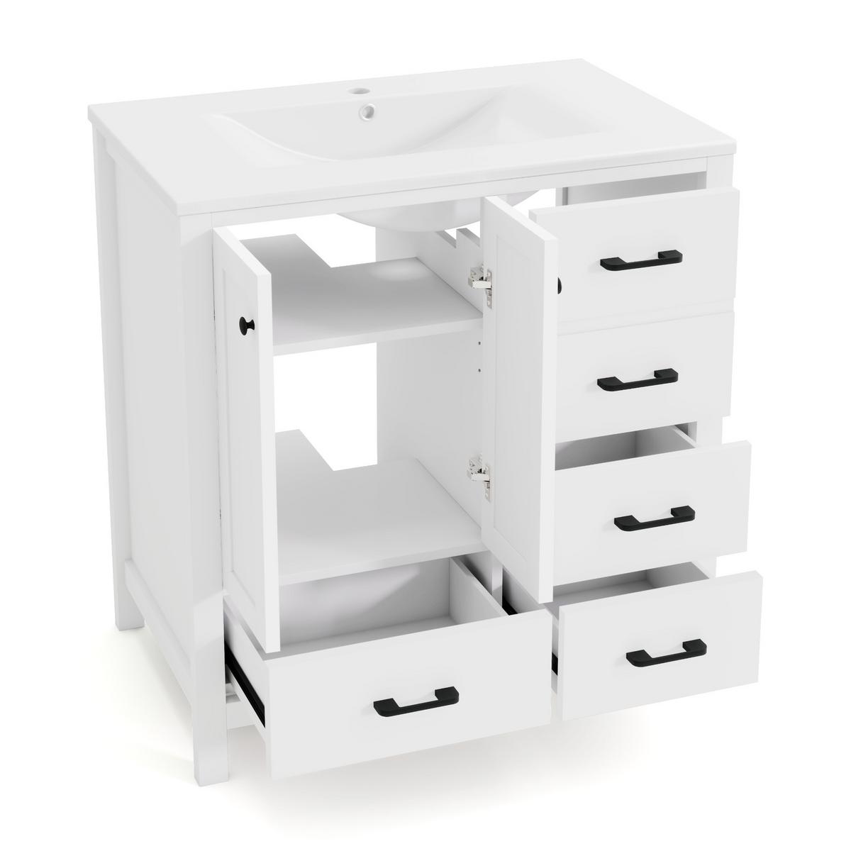 WASCHTISCH Freistehend Weiß mit Keramikbecken & 4 Schubladen - Weiß, Holzwerkstoff (76/82/46cm) - Urban Meuble