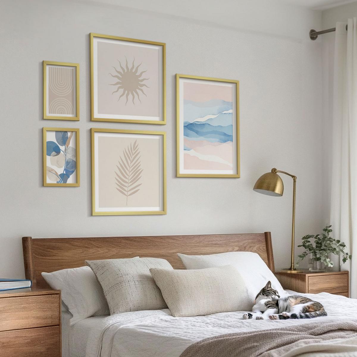 BILDER SET 5er Set - 50x50 cm & 20x30 cm & 40x60 cm Goldrahmen - Abstrakte Linien der Sonnenwellen - Goldfarben, Kunststoff (40/60cm) - TULUP
