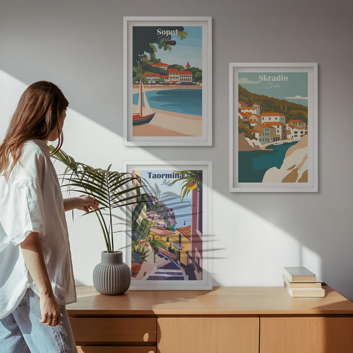 BILDER SET 3er Set - 40x60 cm Weißer Rahmen - Illustrationen von Küstenstädten - Weiß, Kunststoff (40/60cm) - TULUP