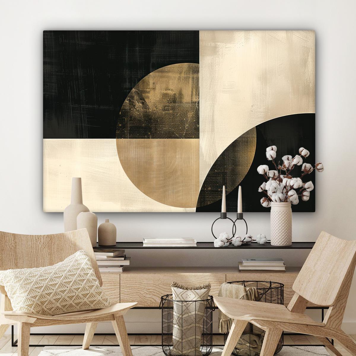 LEINWANDBILD Abstrakt - Geometrische Formen - Schwarz - Gold Groß 140x90 cm - Ecru, Textil (140/90cm) - MuchoWow