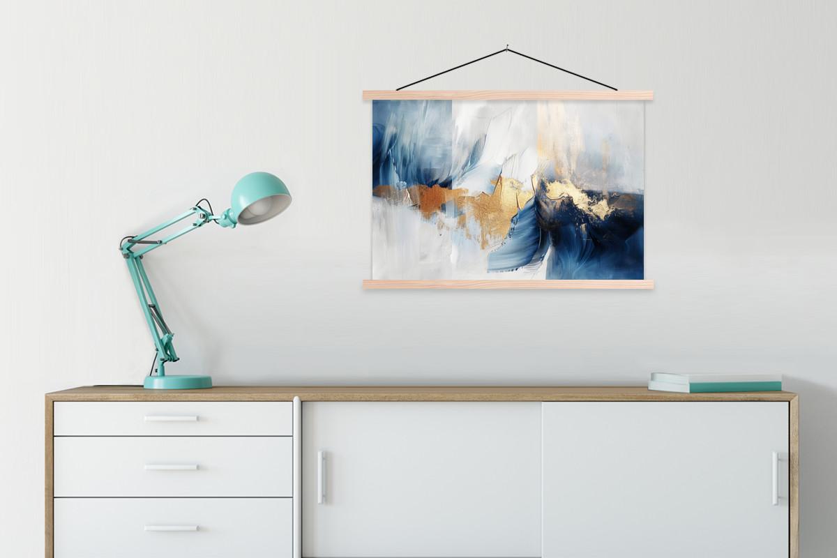 POSTER MIT MAGNETLEISTEN Gold - Blau - Aquarell - Kunst - Modern Wanddeko 90x60 cm - Hellblau, Textil (90/60/0.15cm) - MuchoWow