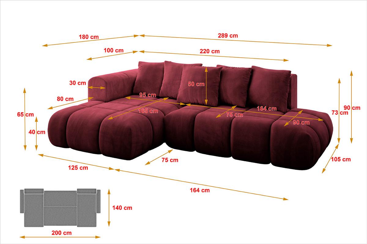 ECKSOFA Ottomane Links CLOUD-L-v1 280x185x90 Bordeaux Velours - Bordeaux, Holzwerkstoff/Kunststoff (180/289cm) - ALTDECOR