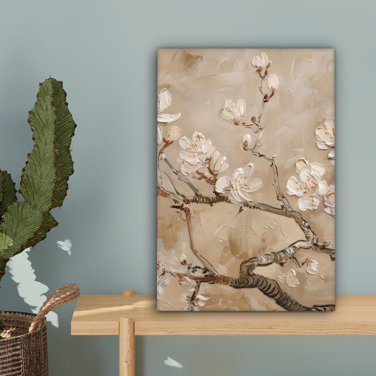 LEINWANDBILD Blumen - Modern - Beige - Weiß - Blüte Deko Wohnzimmer 20x30 cm - Beige, Textil (20/30cm) - MuchoWow