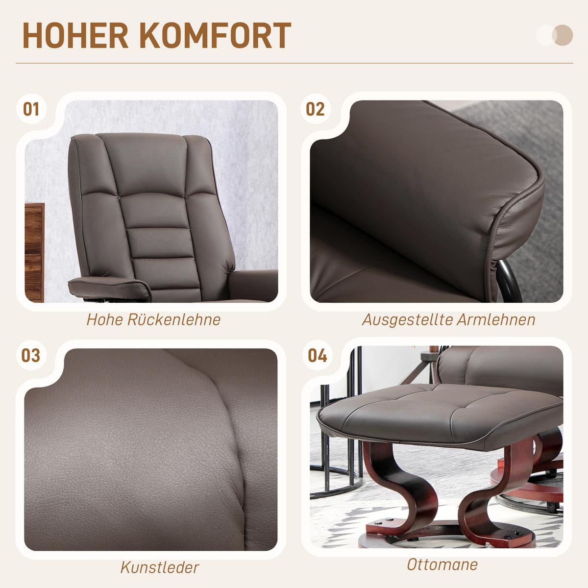 RELAXSESSEL mit Hocker, Drehbar Fernsehsessel mit Liegefunktion Kunstleder - Braun, Kunststoff (76/104/85cm) - HOMCOM