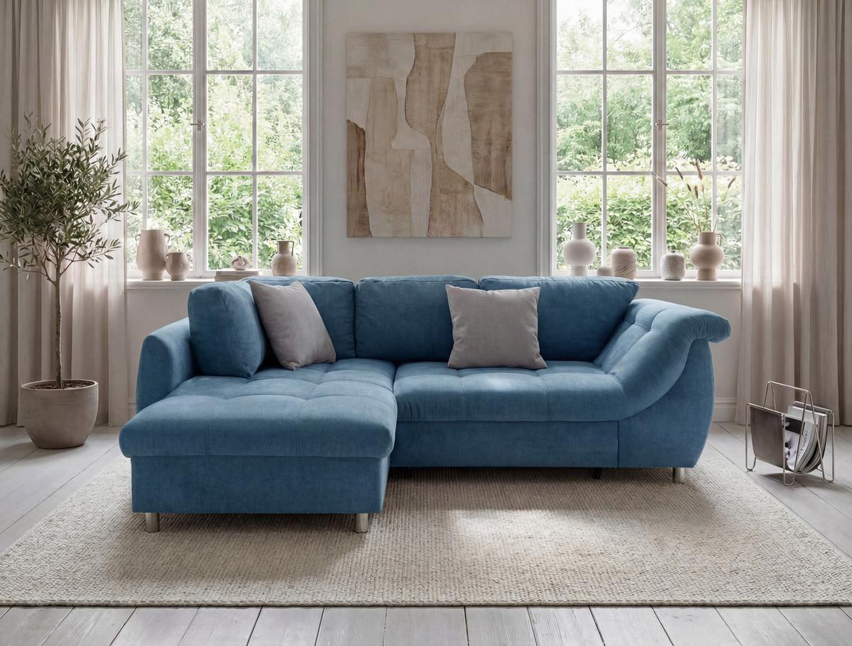 ECKSOFA mit Schlaffunktion, Bettkasten, Wellenunterfederung, Ottomane links B250/T190/H84 cm, Liegefl. 179x190 cm, Mikrofaser Blau / 17102 - Blau/Chromfarben, Textil/Metall (250/190cm) - luma-home