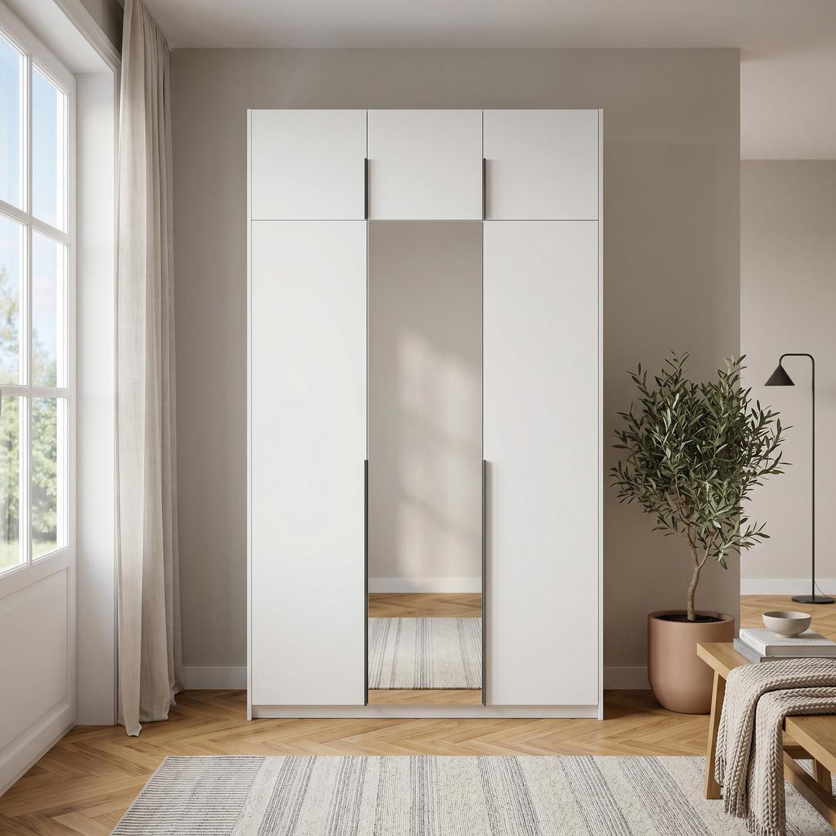 DREHTÜRENSCHRANK THALIA 148/250/58cm 3-türig mit Spiegel Weiß - Weiß, Holzwerkstoff (148/250/58cm) - MASSENO