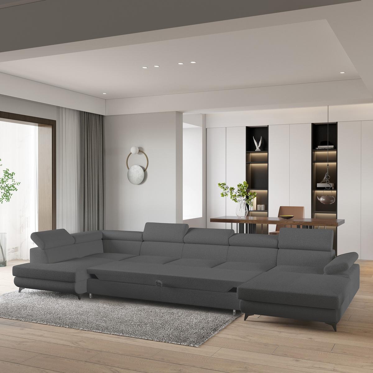 WOHNLANDSCHAFT MONTIVA Grau Boucle-Stoff mit Schlaffunktion - Grau, Holz (410/89/190cm) - MASSENO