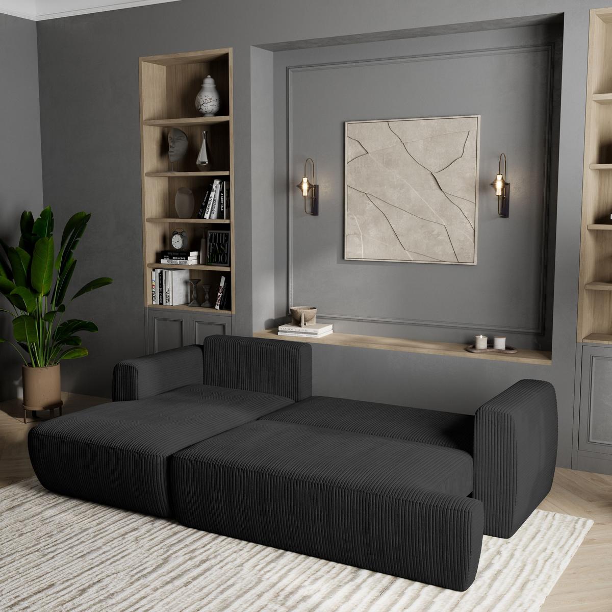 ECKSOFA SENTI P L-S Schwarz Kordstoff mit Schlaffunktion - Schwarz, Holz/Kunststoff (246/148cm) - MASSENO