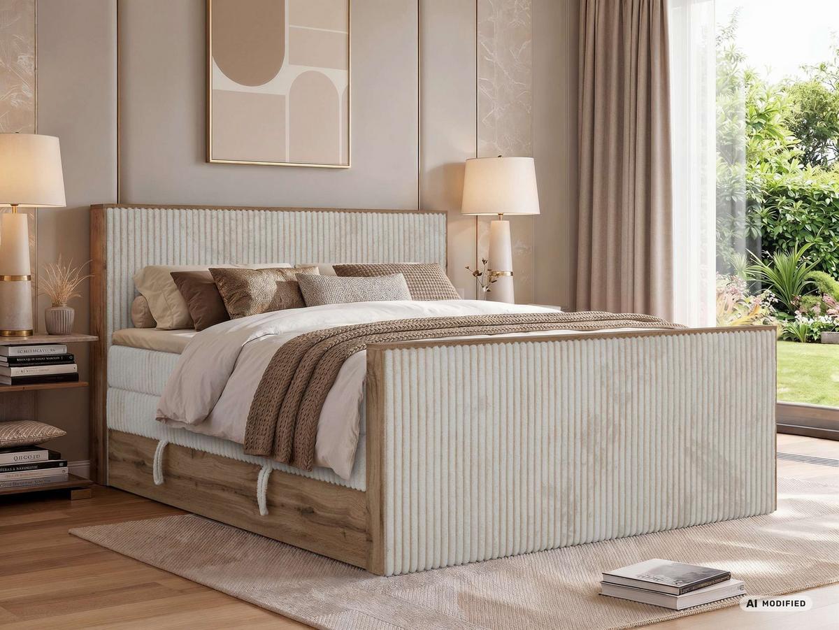 BOXSPRINGBETT WOOD KING DUO 140/200 - Beige Cord - Topper Visco - H3 - Beige/Schwarz, Kunststoff/Textil (140/200cm) - MKS