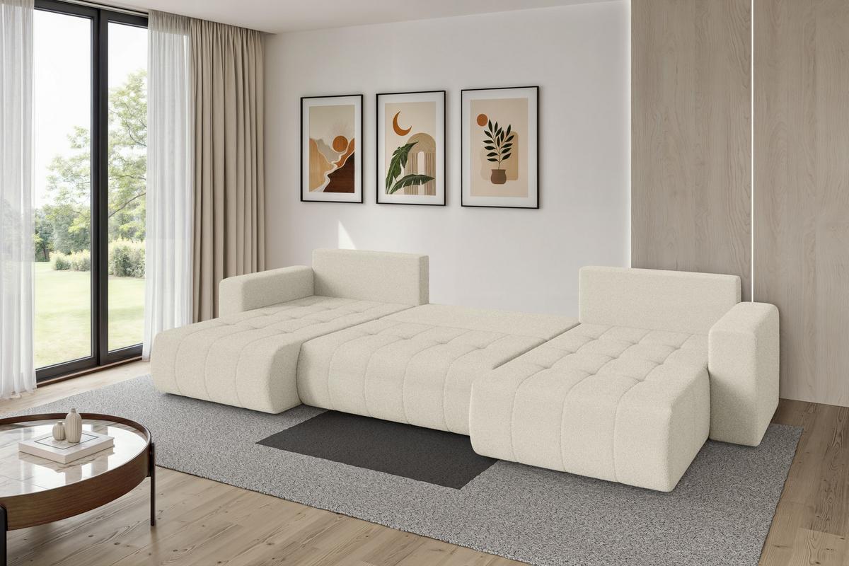 WOHNLANDSCHAFT mit Schlaffunktion und Bettkasten MILA-U 378x194x86 Beige Bouclé - Sandfarben/Beige, Holzwerkstoff/Kunststoff (378/86/194cm) - ALTDECOR