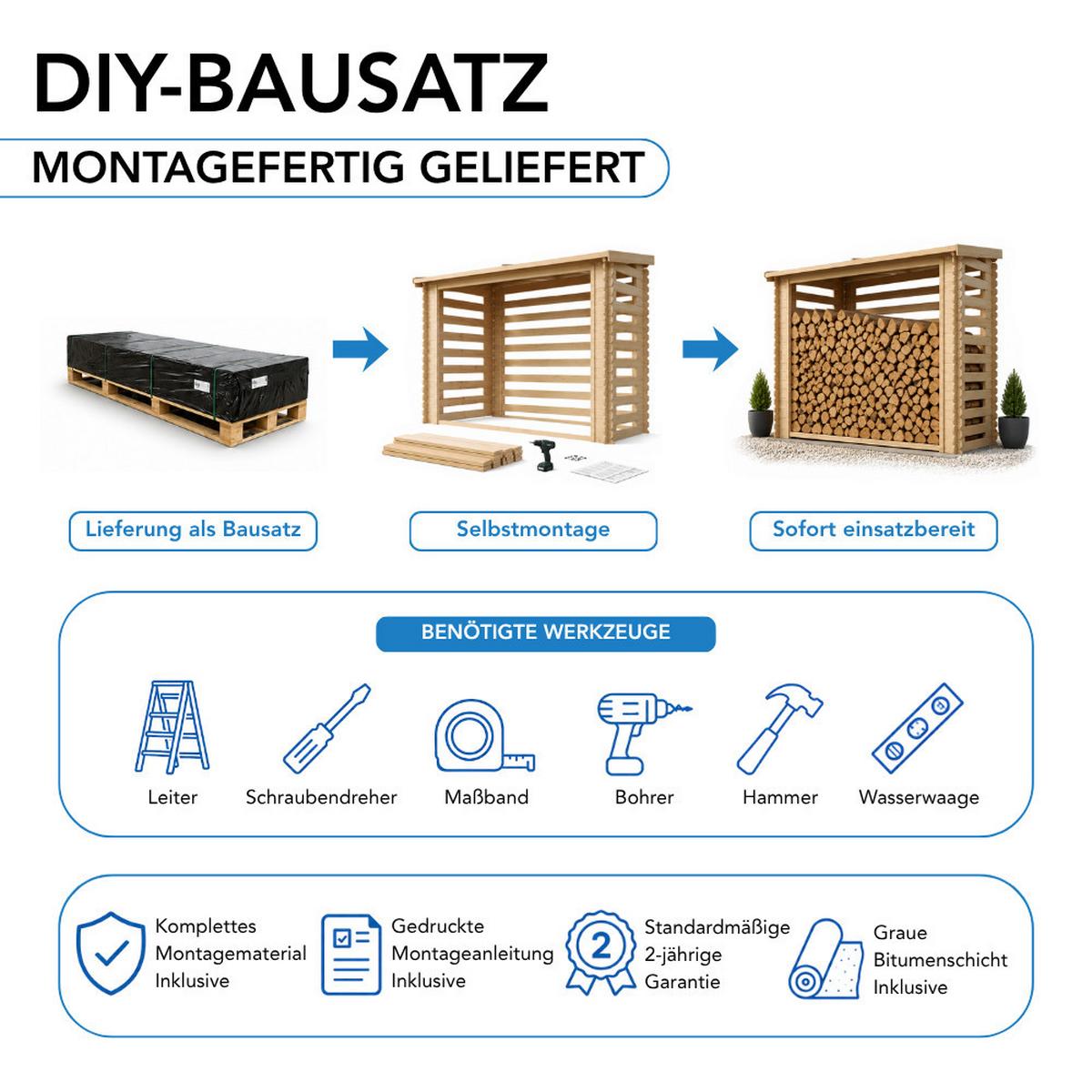 KAMINHOLZREGAL aus Holz 2,55 m², Brennholzunterstand mit Pultdach, ca. 4,3 m³ Brennholzkapazität, 232 x 146 x 199 cm (B x T x H) - Naturfarben, Holz (232/199/146cm) - Timbela
