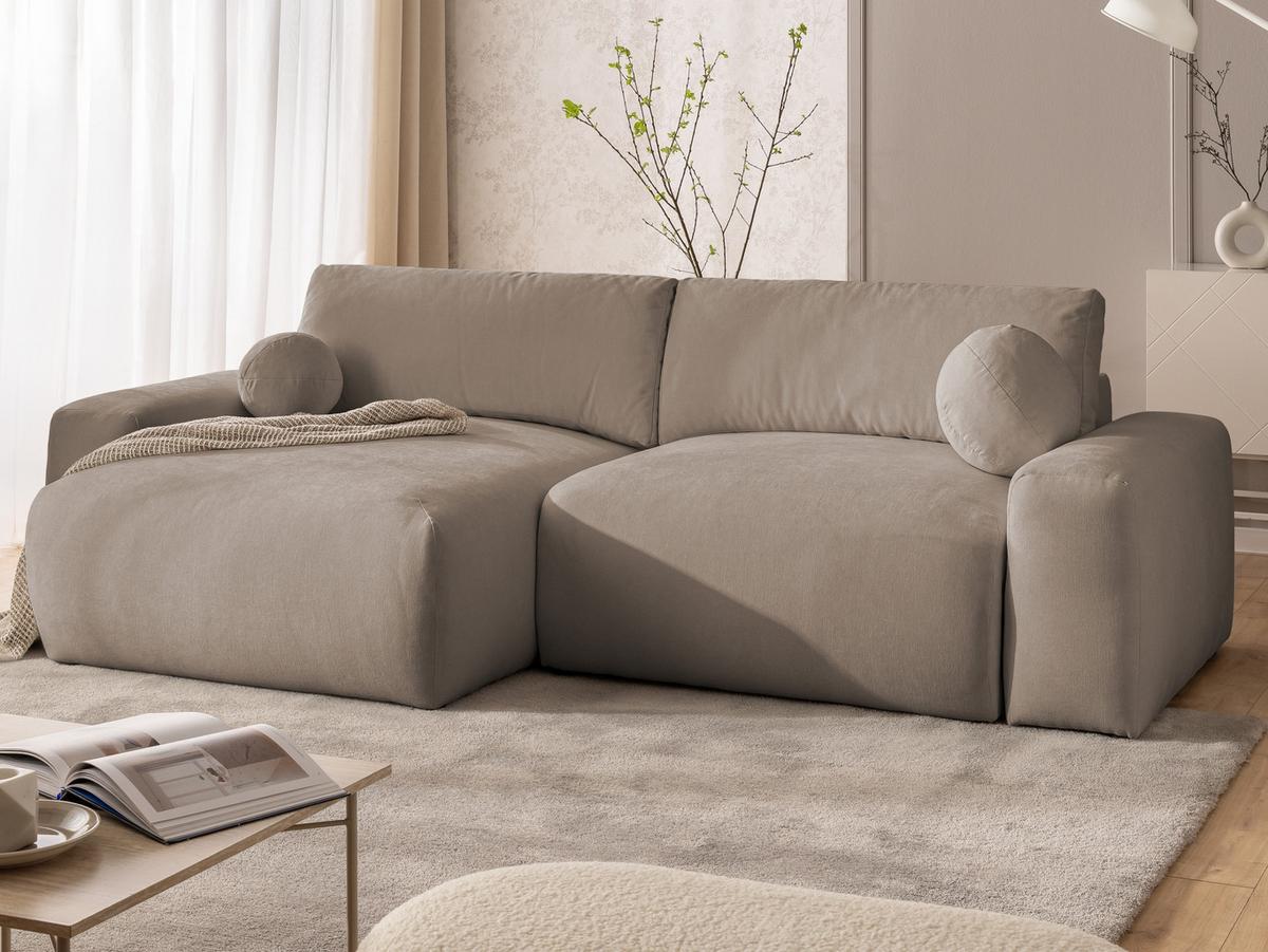 ECKSOFA Puffy mit Schlaffunktion und Bettkasten - besonders weich und puffig aus Greige Webstoff - Ottomane links - Greige/Schwarz, Holz/Kunststoff (138/266cm) - S-Style Möbel
