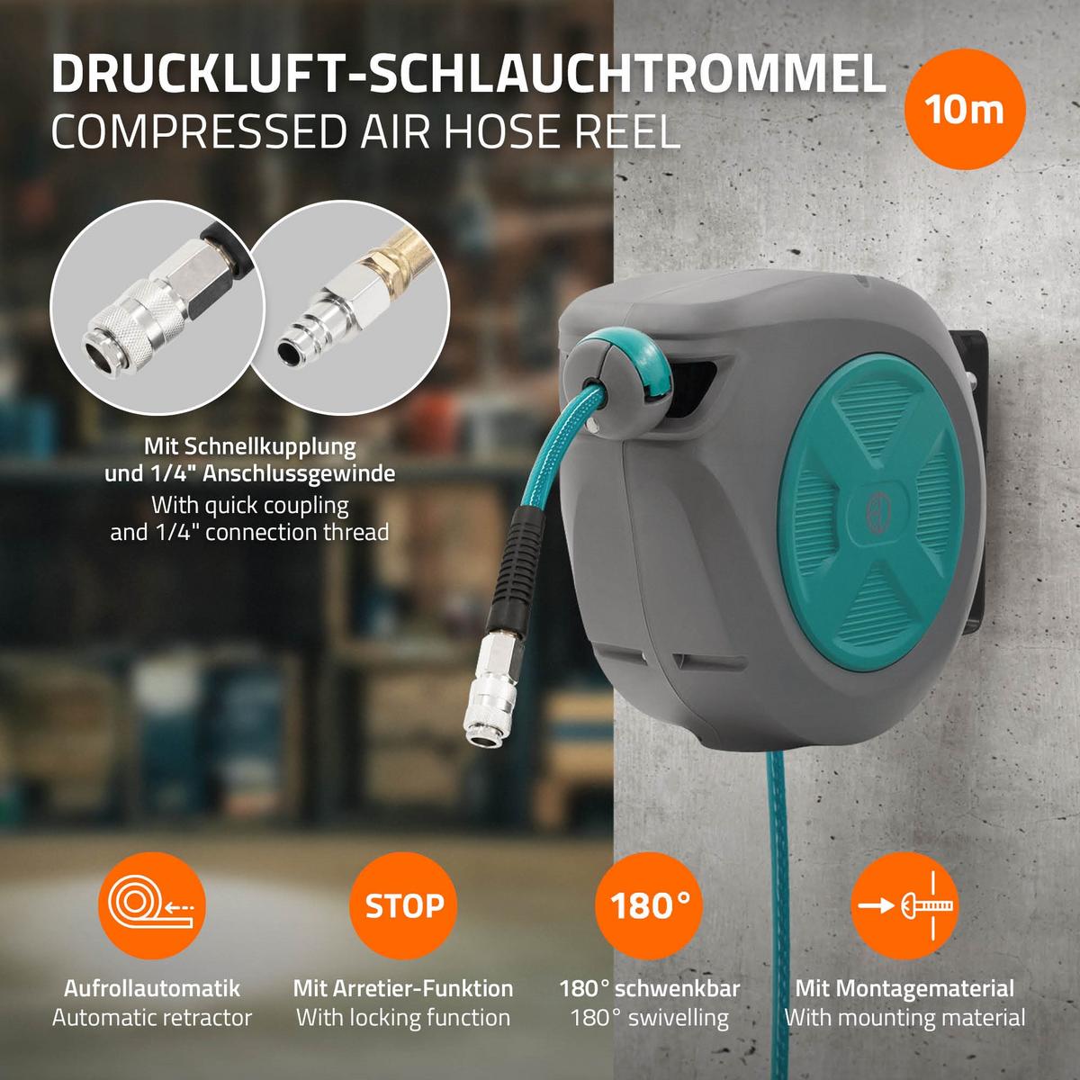 DRUCKLUFTSCHLAUCHTROMMEL 10m+1m - Grau, Kunststoff (14/26/39cm) - ECD-Germany