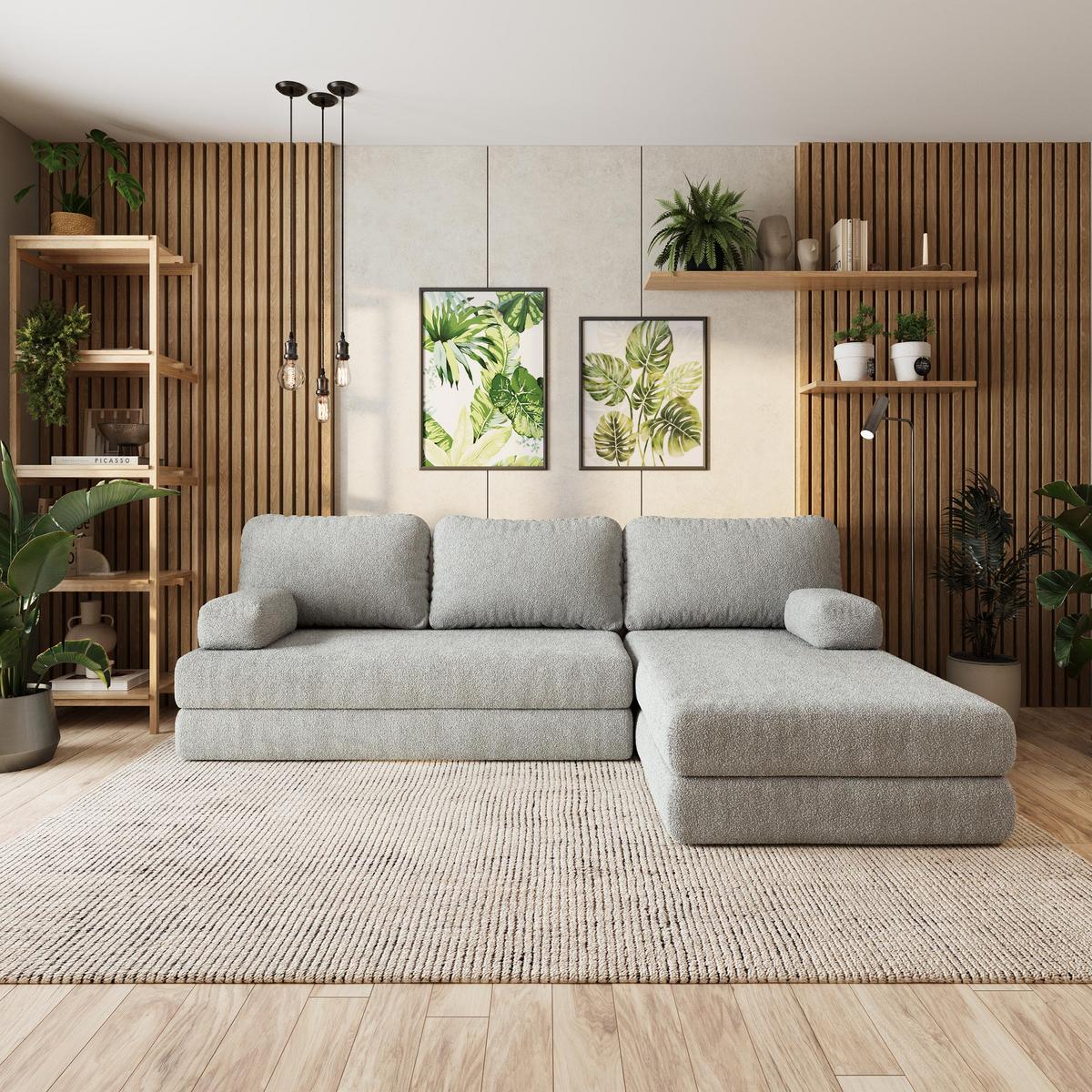 ECKSOFA LEA modulares Boneless Sofa mit Schlaffunktion Hellgrau Boucle-Stoff - Hellgrau, Textil (270/160cm) - MASSENO