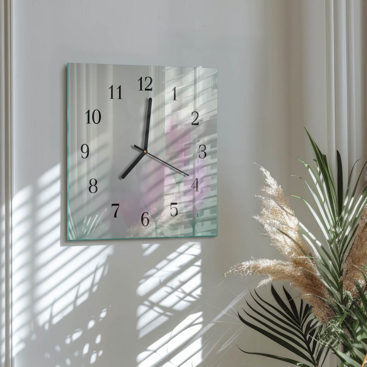 WANDUHR aus Glas 30x30 cm - Blumen - Pink, Glas (30/30/0.4cm) - TULUP
