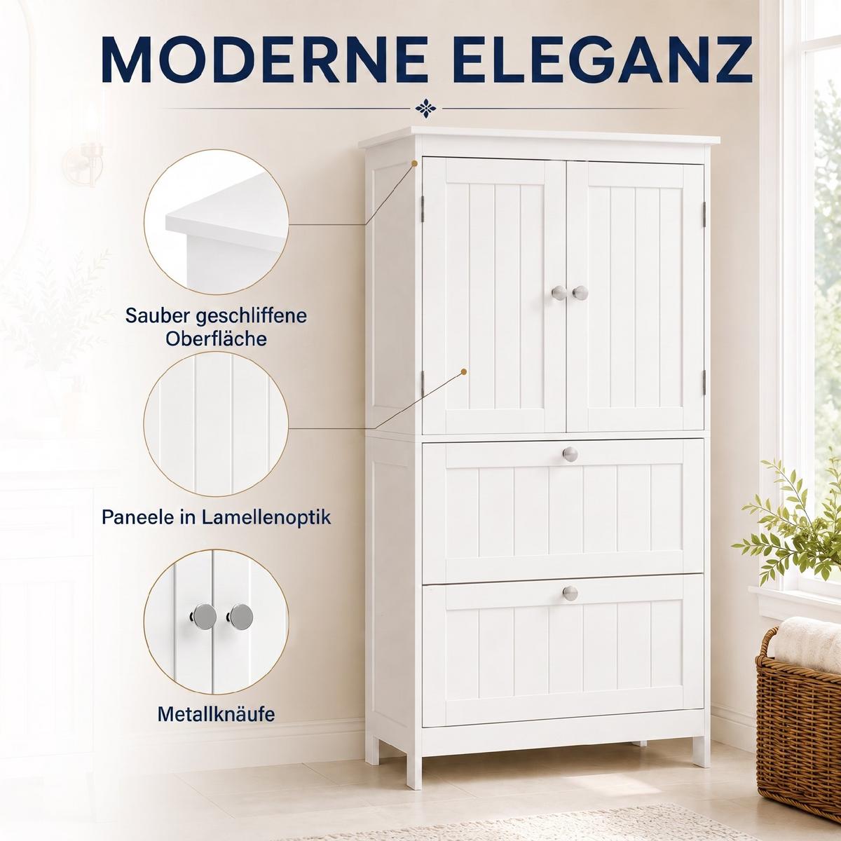 BADEZIMMERSCHRANK MDF Weiß - Weiß/Nickelfarben, Holzwerkstoff/Metall (30/110/60cm) - HOMCOM