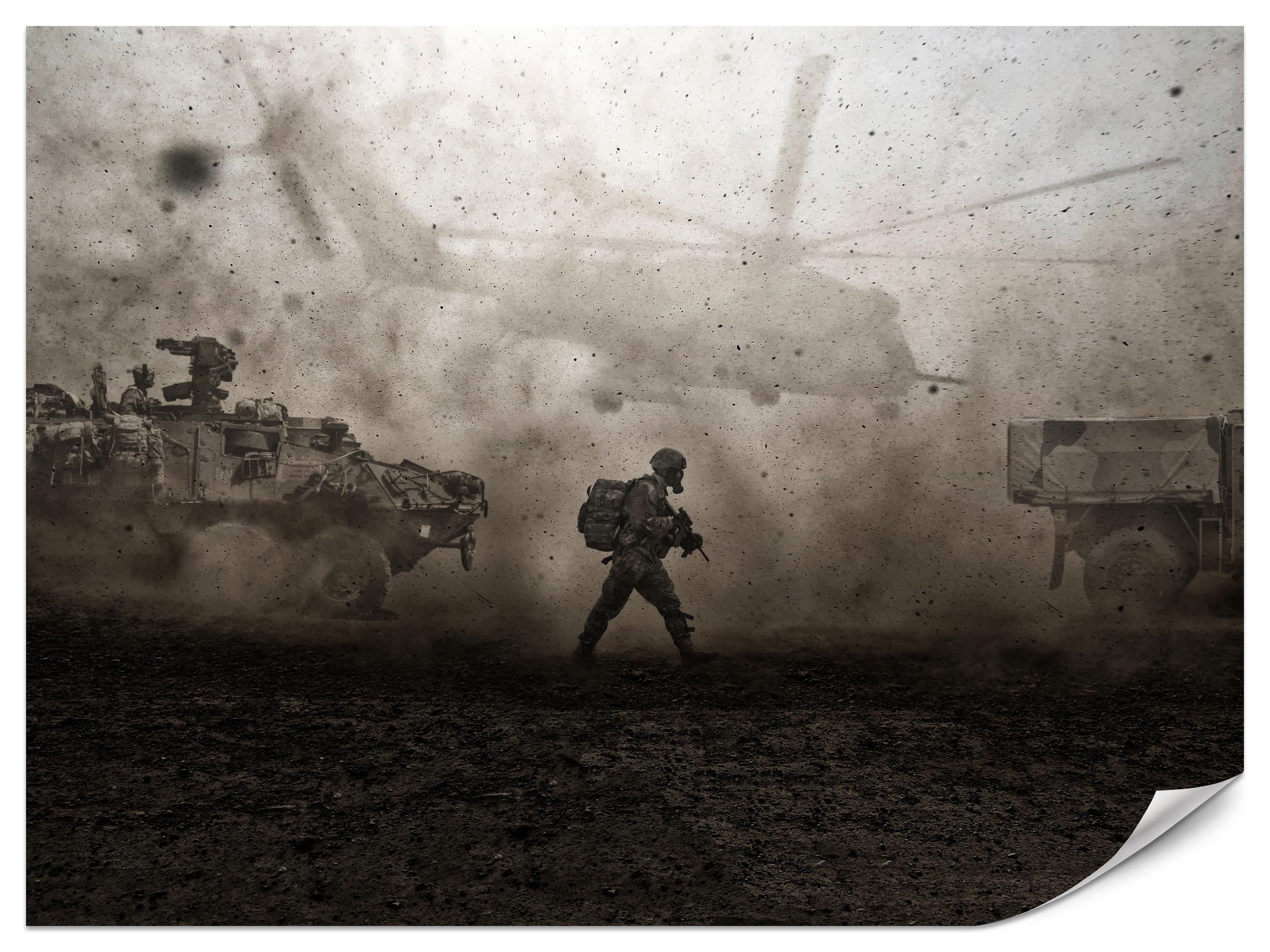 FOTOTAPETE für Jugendzimmer Wüste Militär Hubschrauber Panzer 150x105 - Beige/Schwarz, Papier (150/105cm) - Muralo