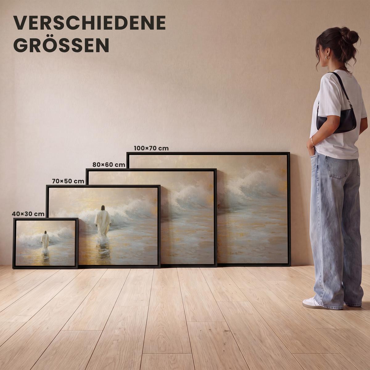 LEINWAND Bilder mit Rahmen - Gemälde - Welle - Jesus - Abstrakt - 70x50 - Goldfarben, Textil (70/50cm) - MuchoWow