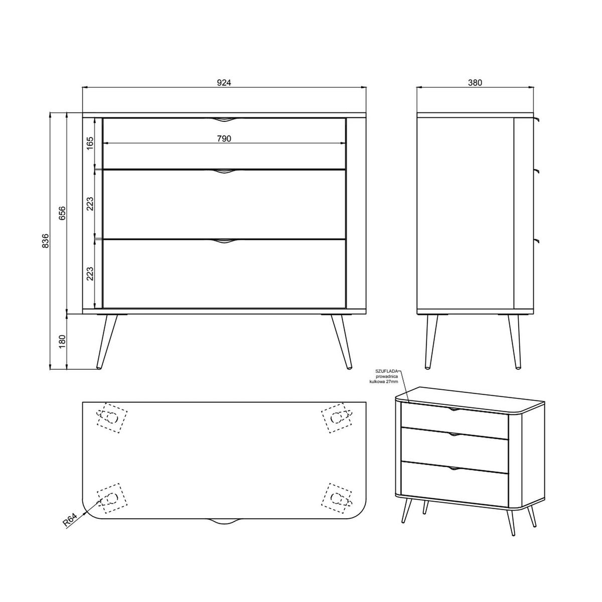 KOMMODE Oval Weiß 92 cm - Goldfarben/Weiß, Holzwerkstoff/Metall (92.4/83.6/38cm) - Selsey