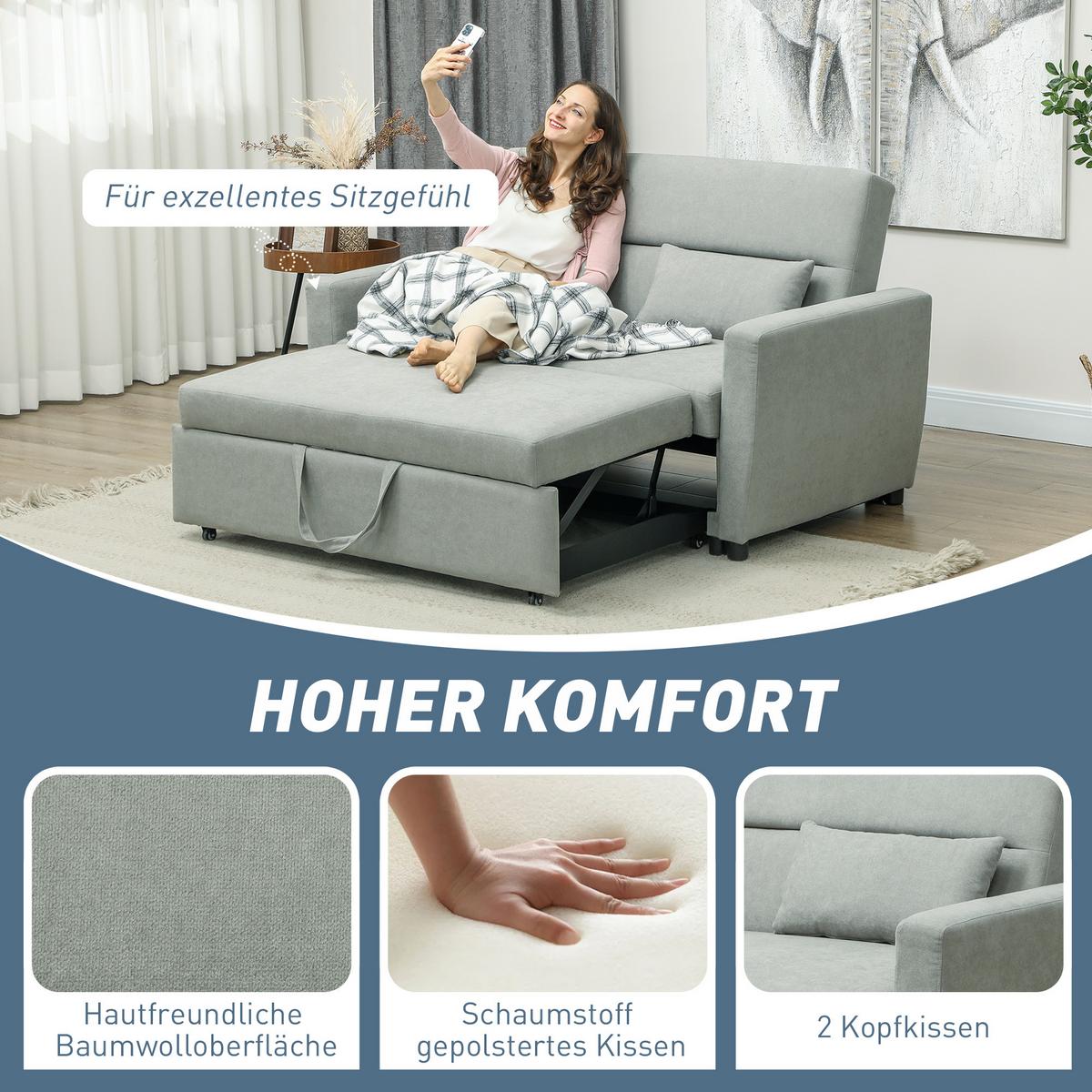 SCHLAFSOFA, 2-Sitzer Sofa mit Schlaffunktion, Verstellbare Rückenlehne, Hellgrau - Hellgrau, Textil (90/88.5/155cm) - HOMCOM