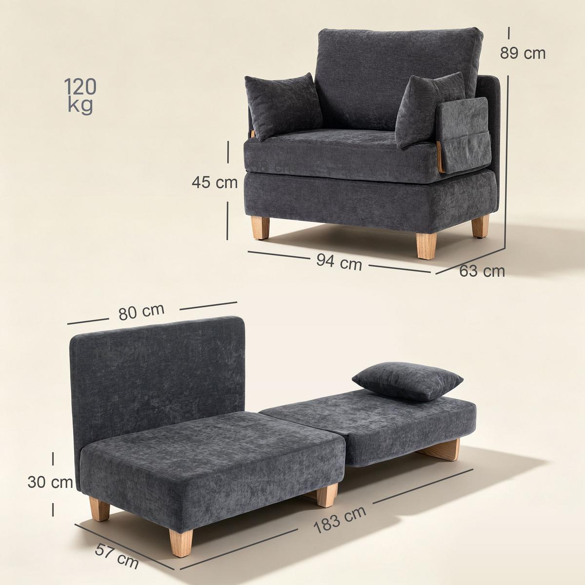 SCHLAFSESSEL Polyester Dunkelgrau - Dunkelgrau/Naturfarben, Holz/Textil (63/89/94cm) - HOMCOM