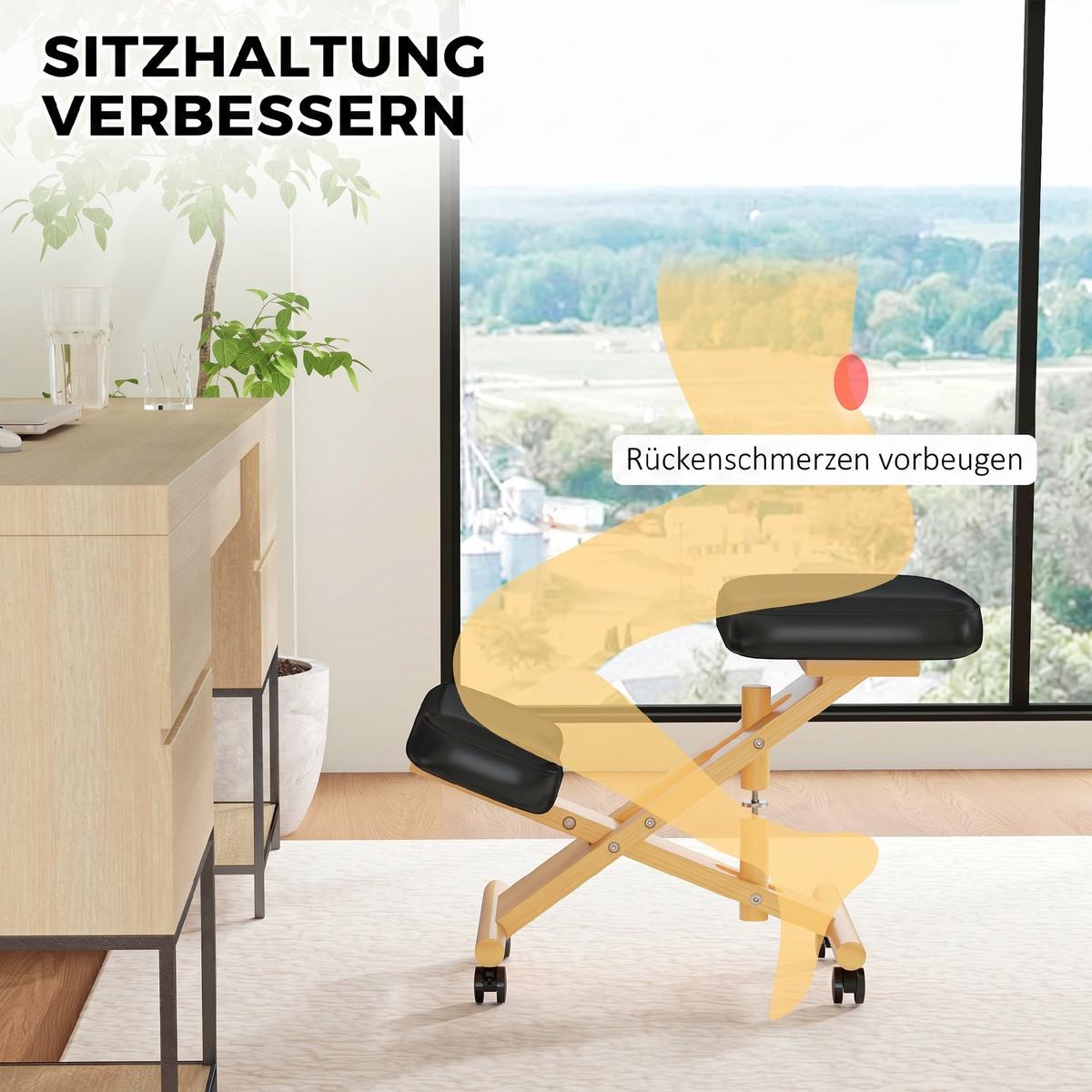KNIESTUHL Kunstleder Gummibaumholz Schwarz - Schwarz, Holz (42/47/70cm) - HOMCOM