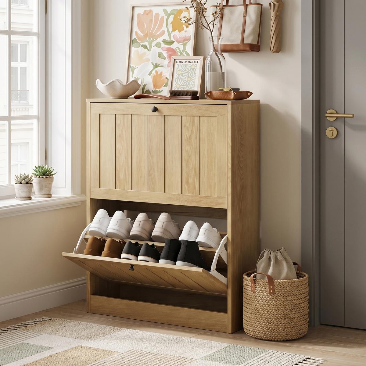 SCHUHESCHRANK Eichenfarben Mit 2 Kippfächern Mid-Century - Eichefarben, Holzwerkstoff (60/80/24cm) - Urban Meuble