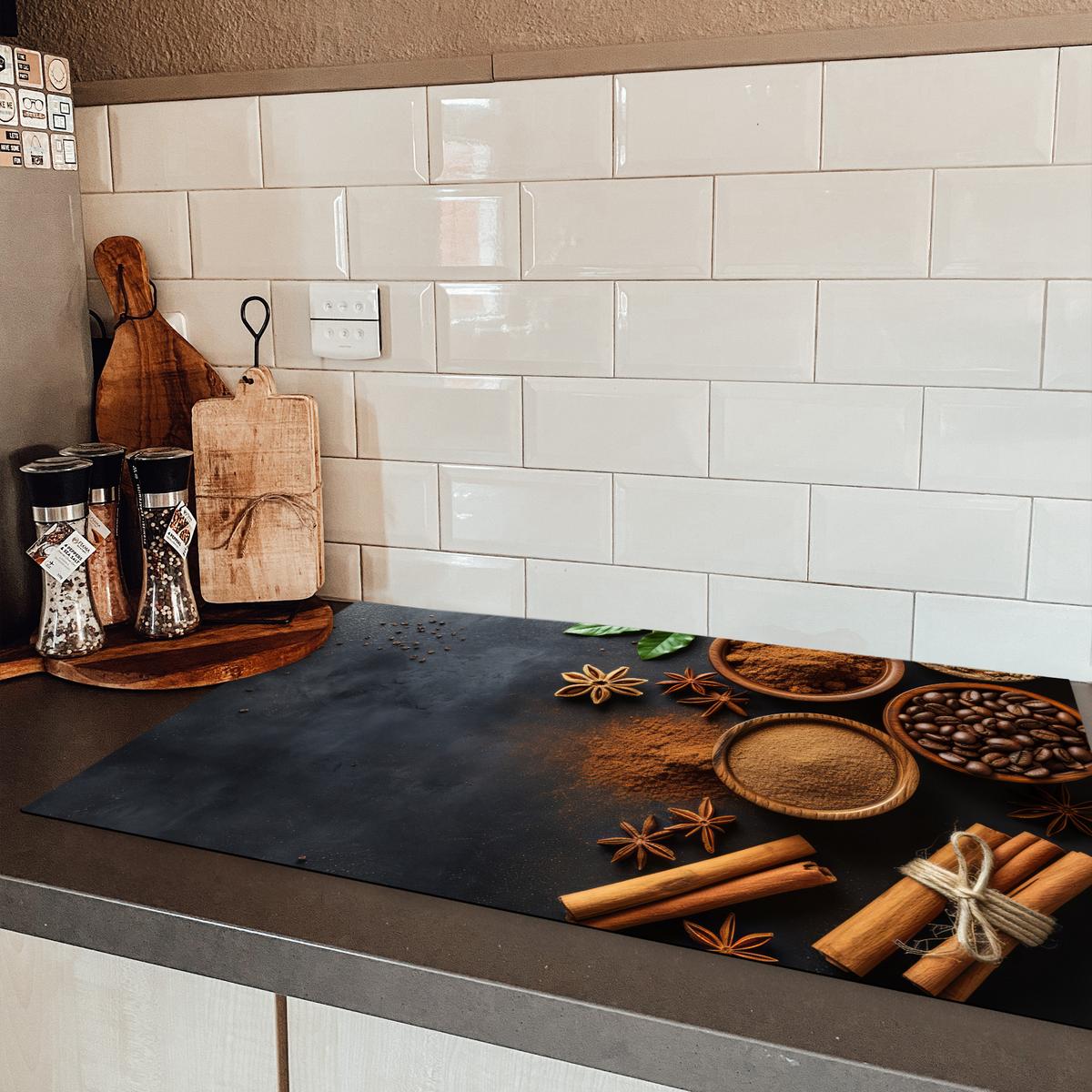 HERDABDECKPLATTE Zimt - Beton - Kaffee - Zimtstangen - Gewürze Ceranfeldabdeckung 85x52 cm - Mokka, Kunststoff (85/52/0.2cm) - MuchoWow