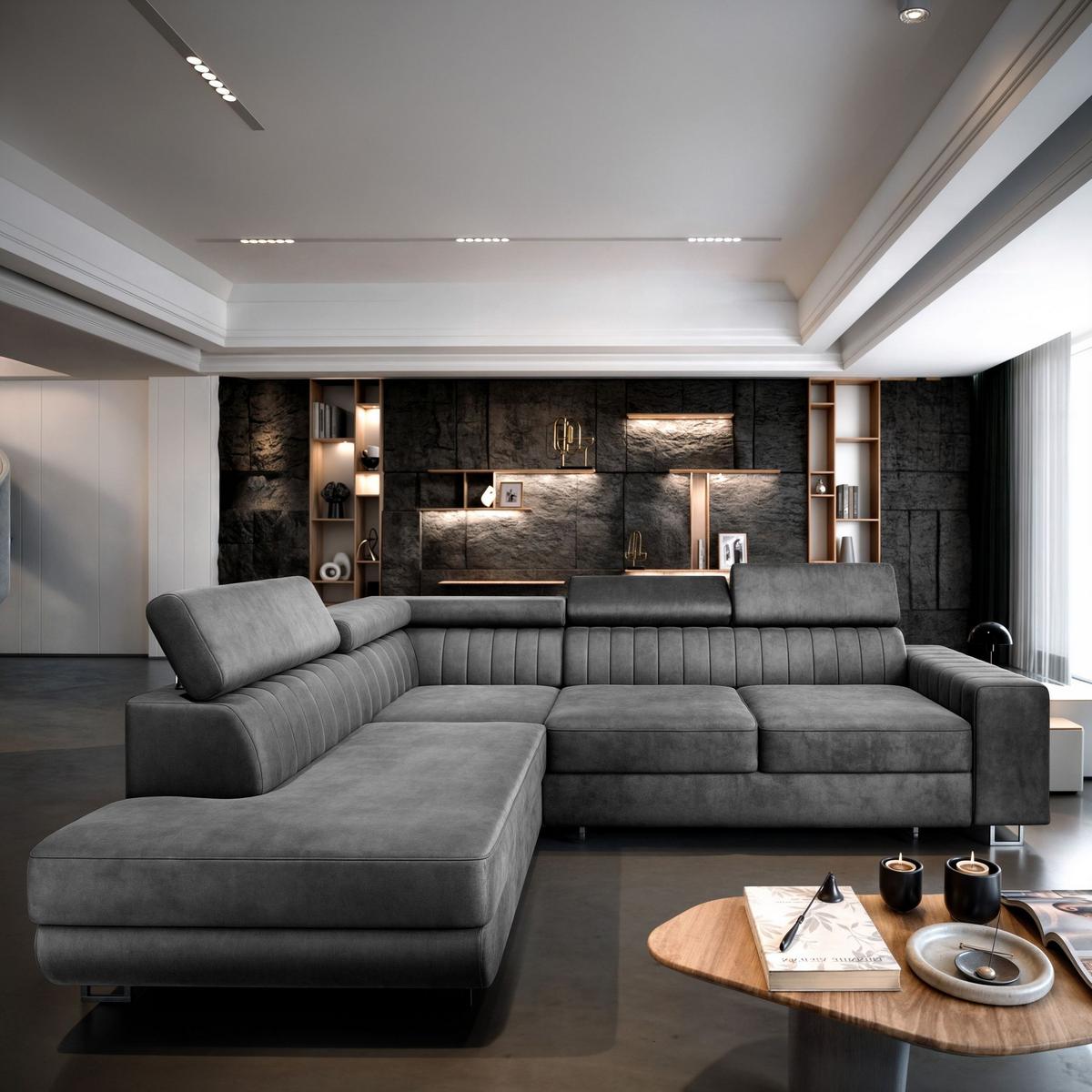 ECKSOFA NOLA L-S Grau Velours-Stoff mit Schlaffunktion - Silberfarben/Grau, Holz/Textil (253/190cm) - MASSENO