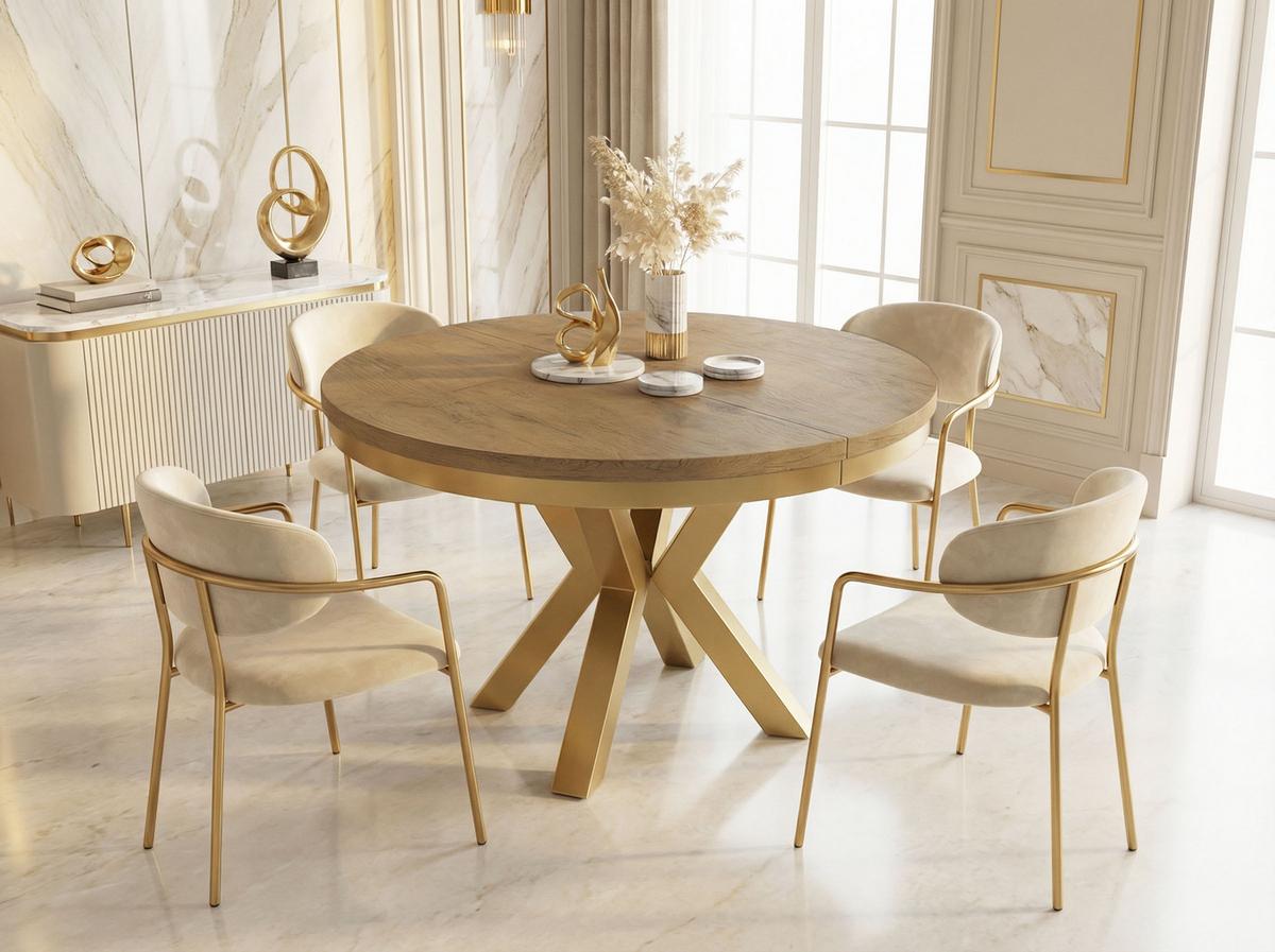 ESSTISCH Clara Gold runder ausziehbarer, Lancelot Eiche 120-200/120/76 cm - Eichefarben/Goldfarben, Holzwerkstoff/Metall (120/196/76cm) - WFL GROUP
