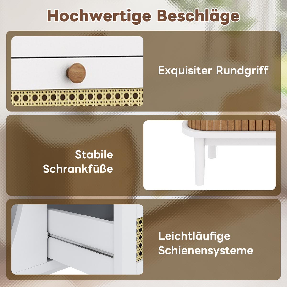 SIDEBOARD in Weiß & Holz-Optik Rattankommode mit 3 Schubladen & Bogen-Design - Weiß, Holzwerkstoff (140.5/76/40cm) - Urban Meuble