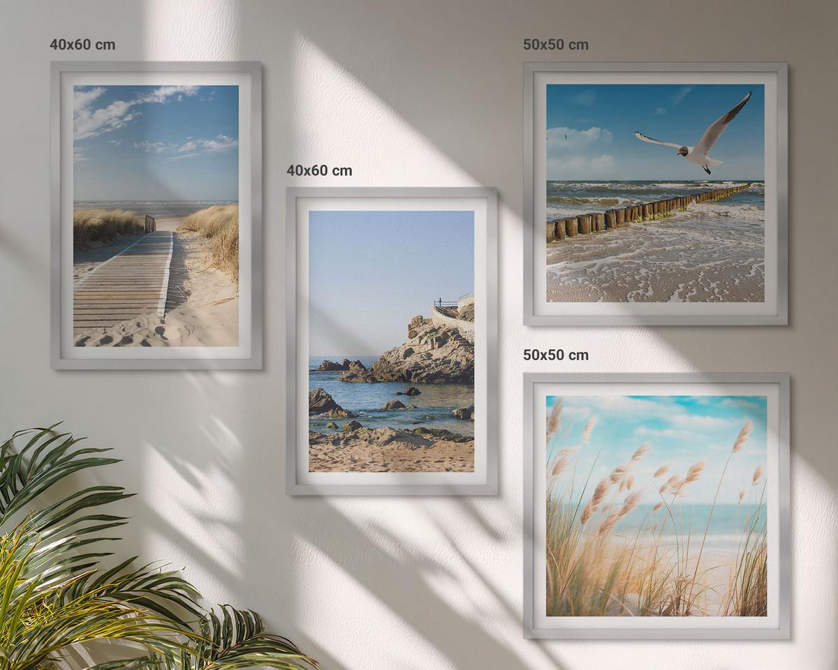BILDER SET 4er Set - 50x50 cm & 40x60 cm Silberner Rahmen - Strand Holzsteg Klippen - Silberfarben, Kunststoff (50/50cm) - TULUP