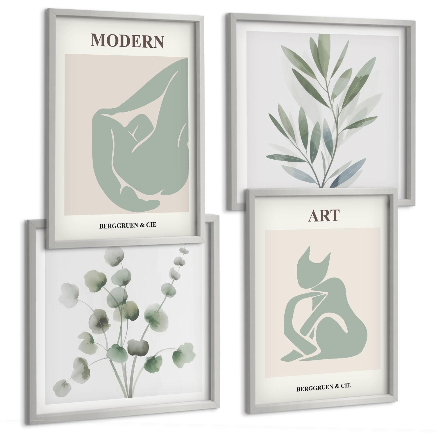 BILDER SET 4er Set - 50x50 cm & 40x60 cm Silberner Rahmen - Pflanzenmotive, zartes Grün - Silberfarben, Kunststoff (50/50cm) - TULUP