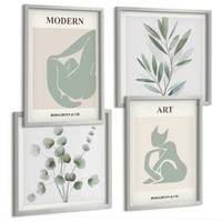 BILDER SET 4er Set - 50x50 cm & 40x60 cm Silberner Rahmen - Pflanzenmotive, zartes Grün - Silberfarben, Kunststoff (50/50cm) - TULUP