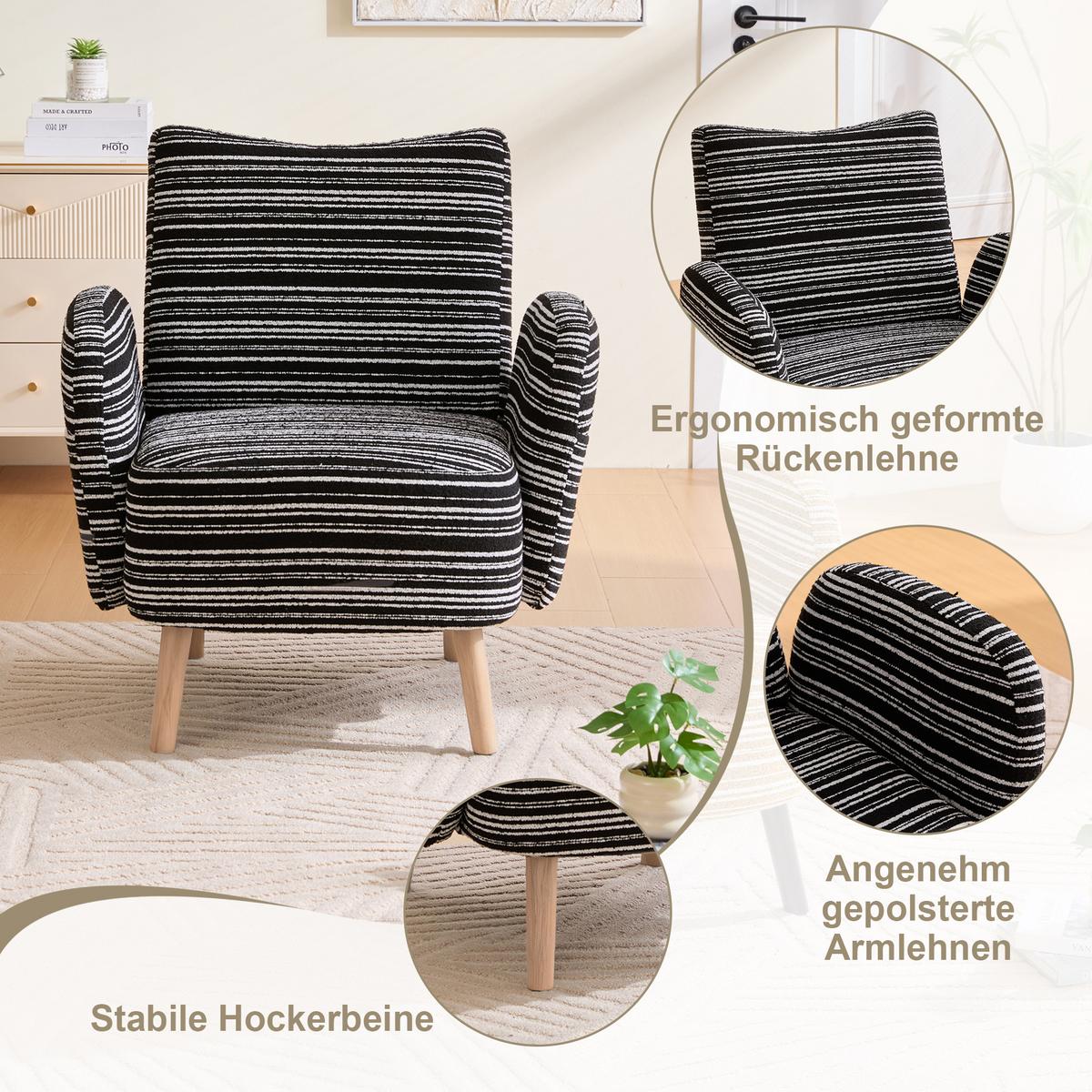 SESSEL boucle stoff modern mit seitentasche holzbeine - Schwarz, Textil (77/87/81cm) - Urban Meuble