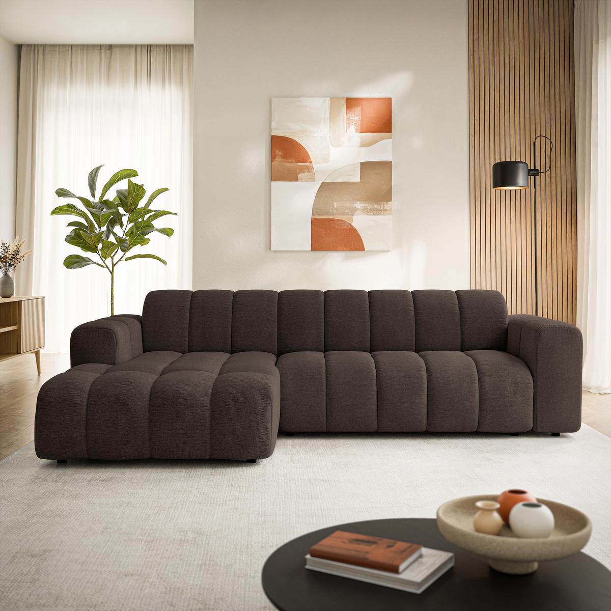 ECKSOFA SETIA Braun Strukturstoff mit Schlaffunktion - Braun, Holz (304/165cm) - MASSENO