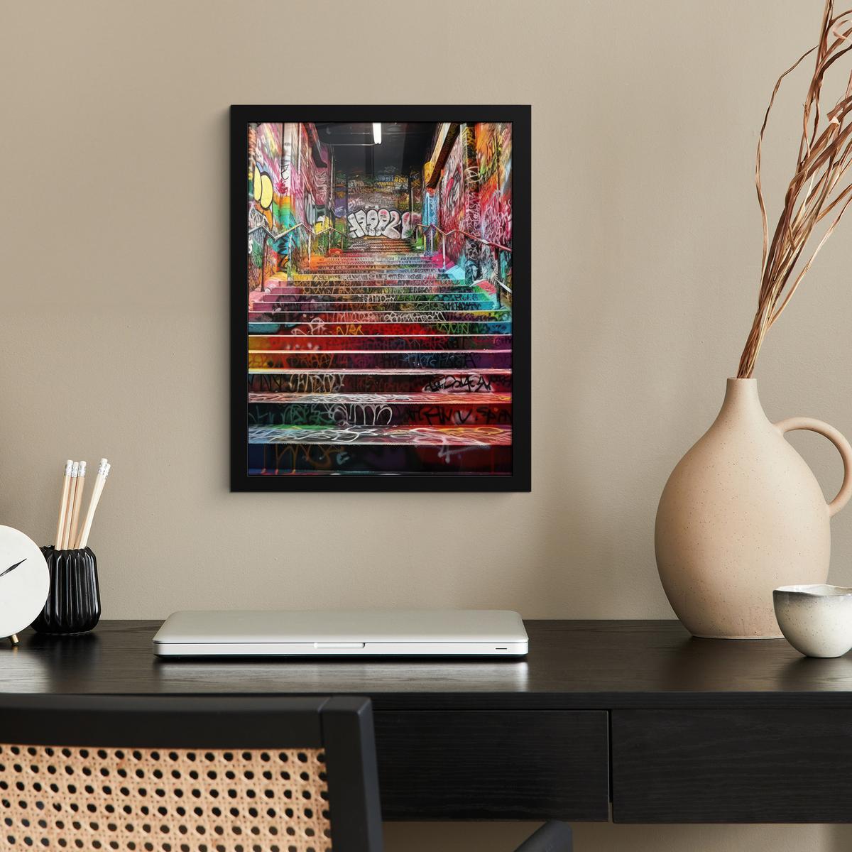 POSTER MIT RAHMEN Treppe - Graffiti - Farben - Kunst Bilderrahmen 30x40 cm - Multicolor, Papier (30/40cm) - MuchoWow