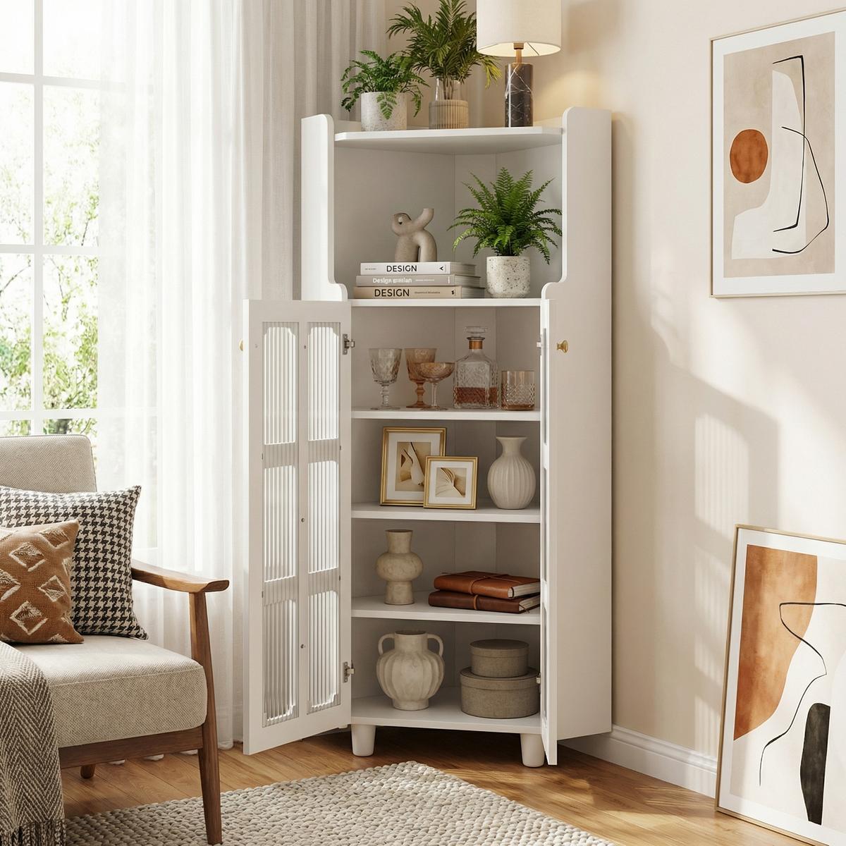 ECKSCHRANK in Weiß lackiert mit App-gesteuerter LED & Glasvitrine - Weiß, Holzwerkstoff (63/124/45cm) - Urban Meuble